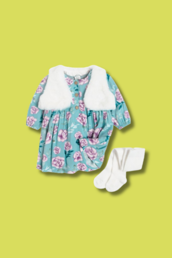 Ensemble 3 Pièces (Robe fleurie- Jilet - collant blanc)